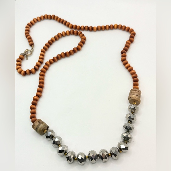 Vintage Sandalwood & Metallic Bead Statement Necklace 38” Long by Canvas - Picture 1 of 5